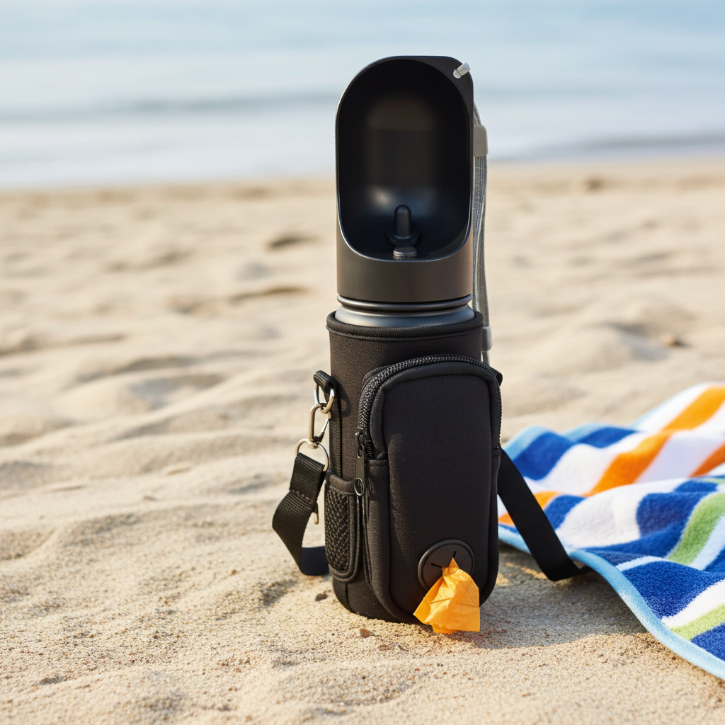 Black insulated bottle holder with a water bottle on a sandy beach.
