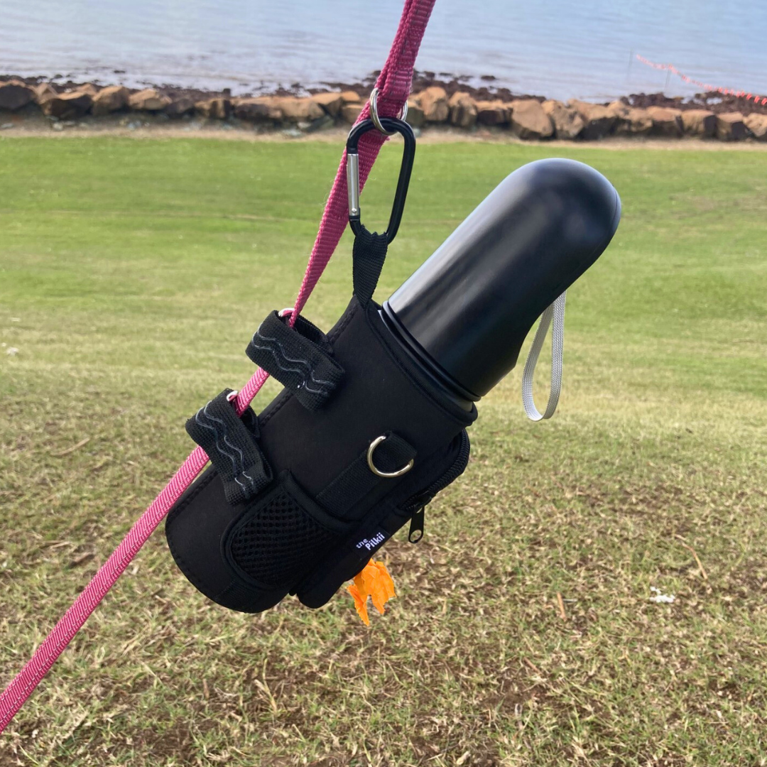black portable dog water bottle attached to lead