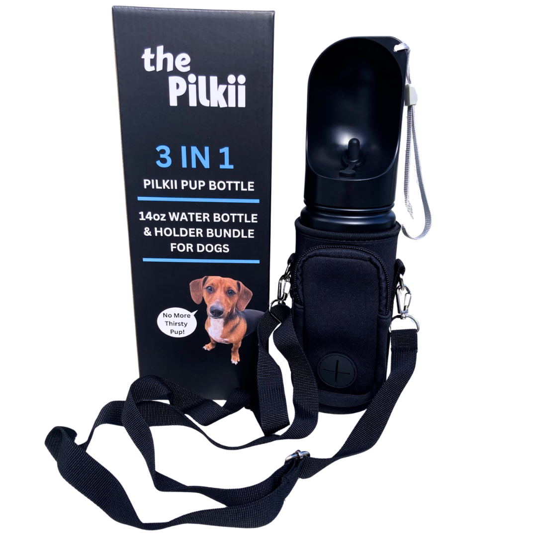 Black water bottle and holder bundle for dogs with packaging labeled 'the Pilkii' on a white background.