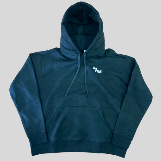 Black hoodie with a logo on a light gray background