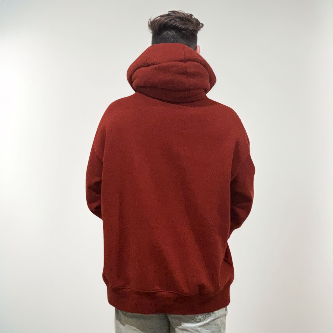 Person wearing a red hoodie from behind on a plain background