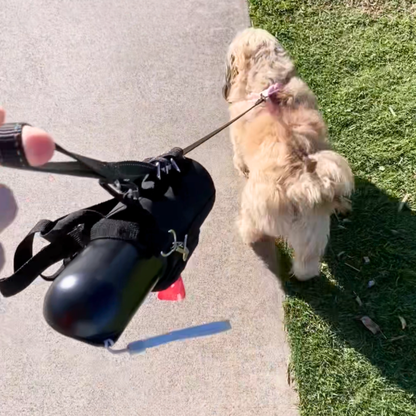 Dog Walking With Black water bottle attached to dog leash