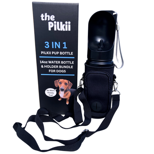 Black water bottle and holder bundle for dogs with packaging labeled 'the Pilkii' on a white background.