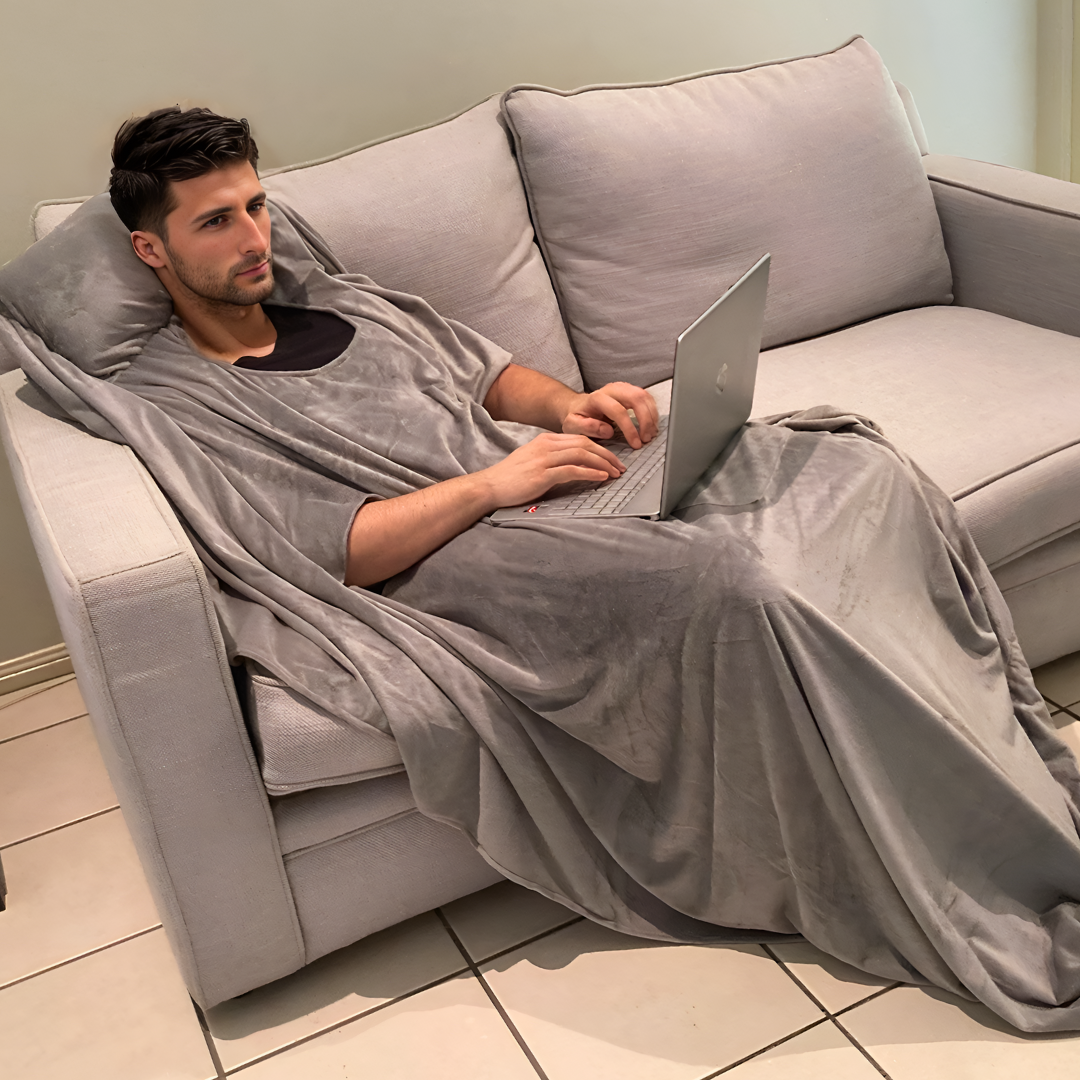 Man Using Wearable Blanket Pillow
