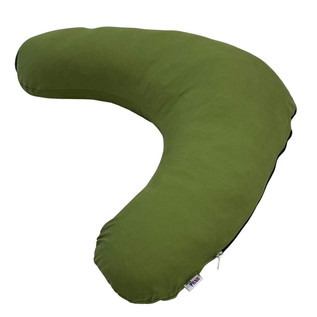 Green U-shaped boomerang pillowcase pillow on a white background